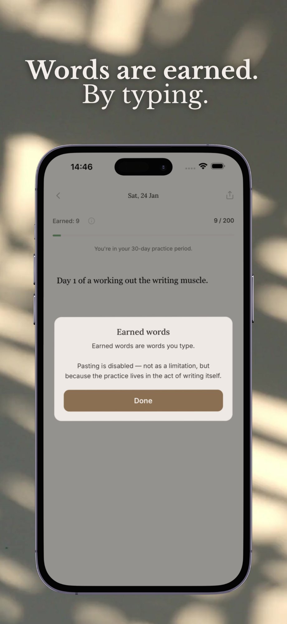 Typerite app showing earned words explanation - words you type count toward your daily goal