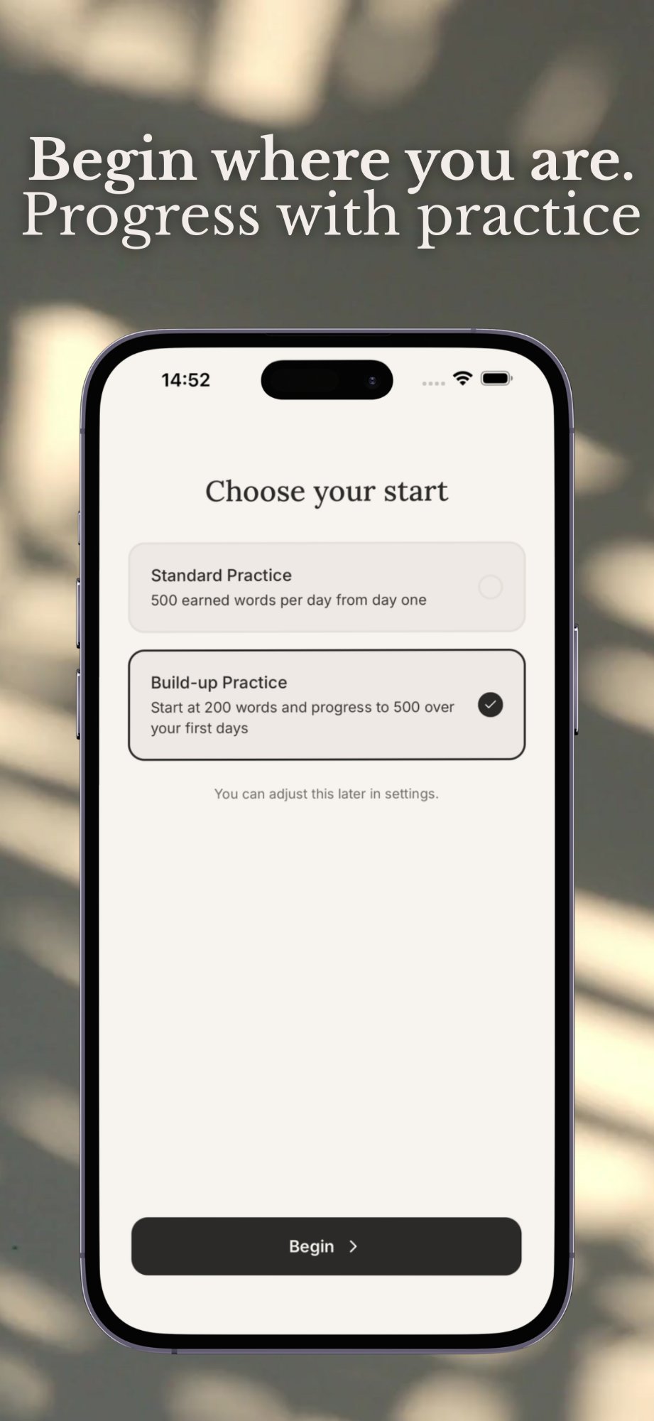 Typerite app showing practice options - standard 500 words or build-up starting at 200
