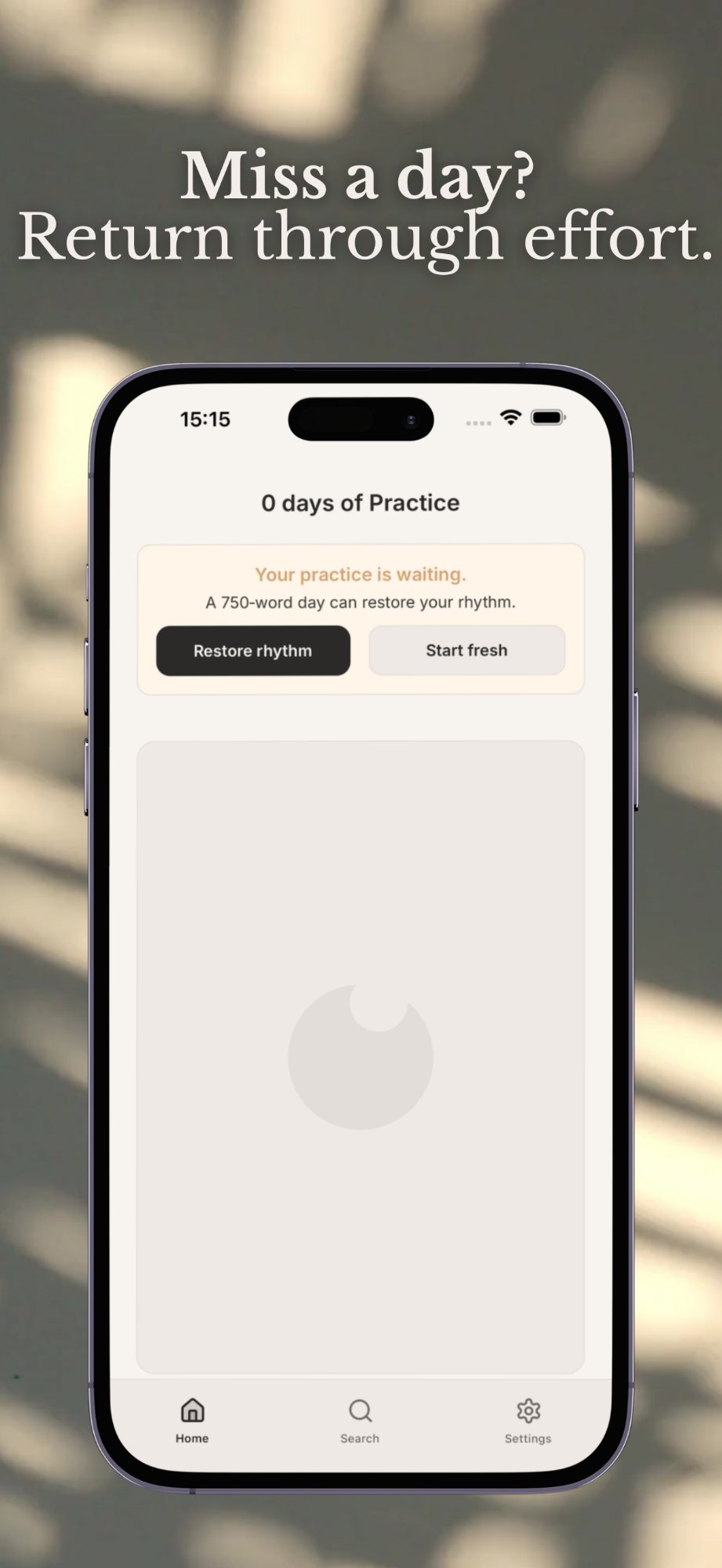 Typerite app showing streak restoration - restore your rhythm through effort